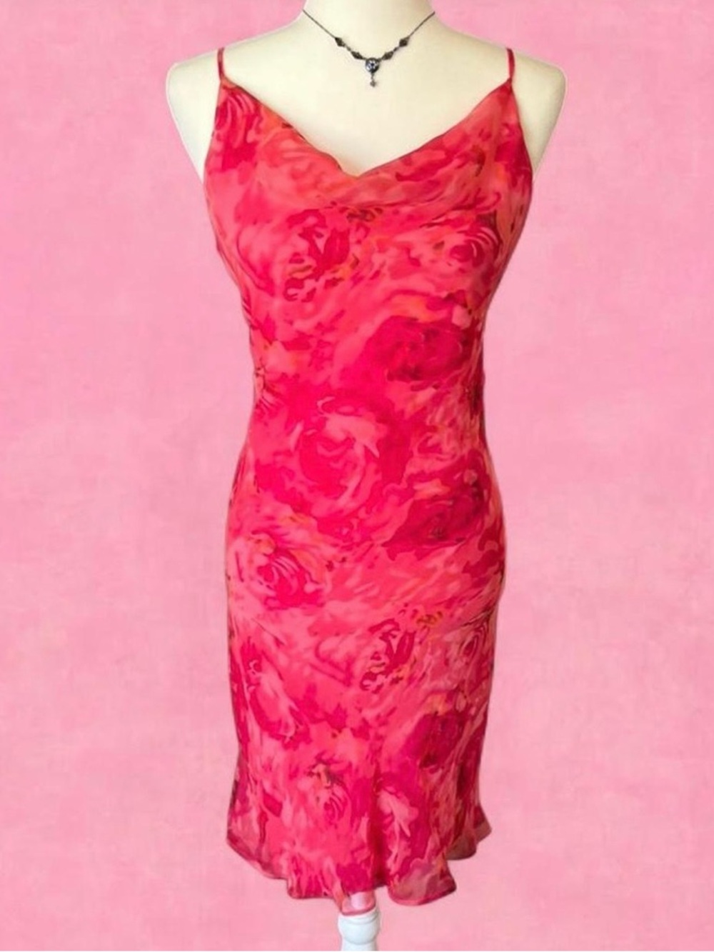 Floral Pink Cowl-Neck Midi Slip Dress